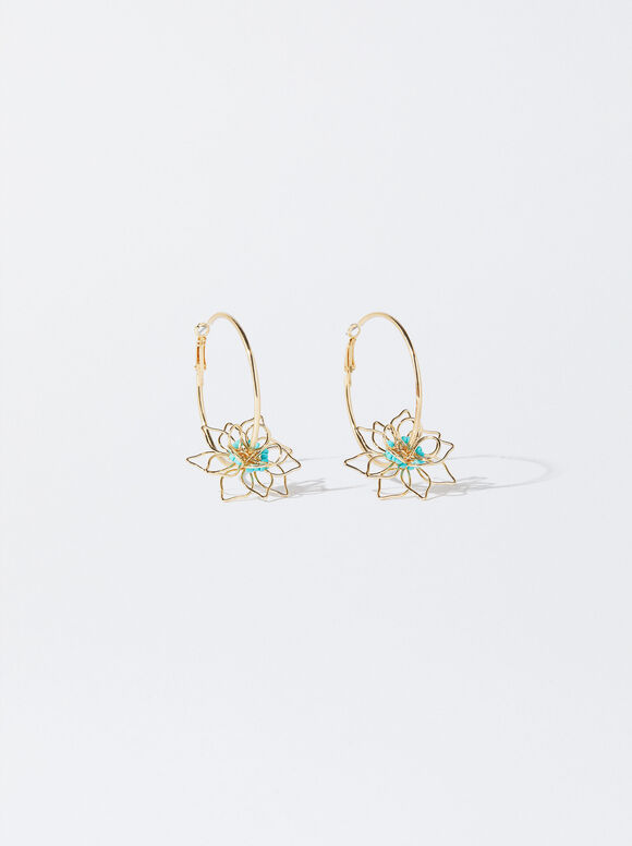 Brincos de argola com pedra e flor - Azul