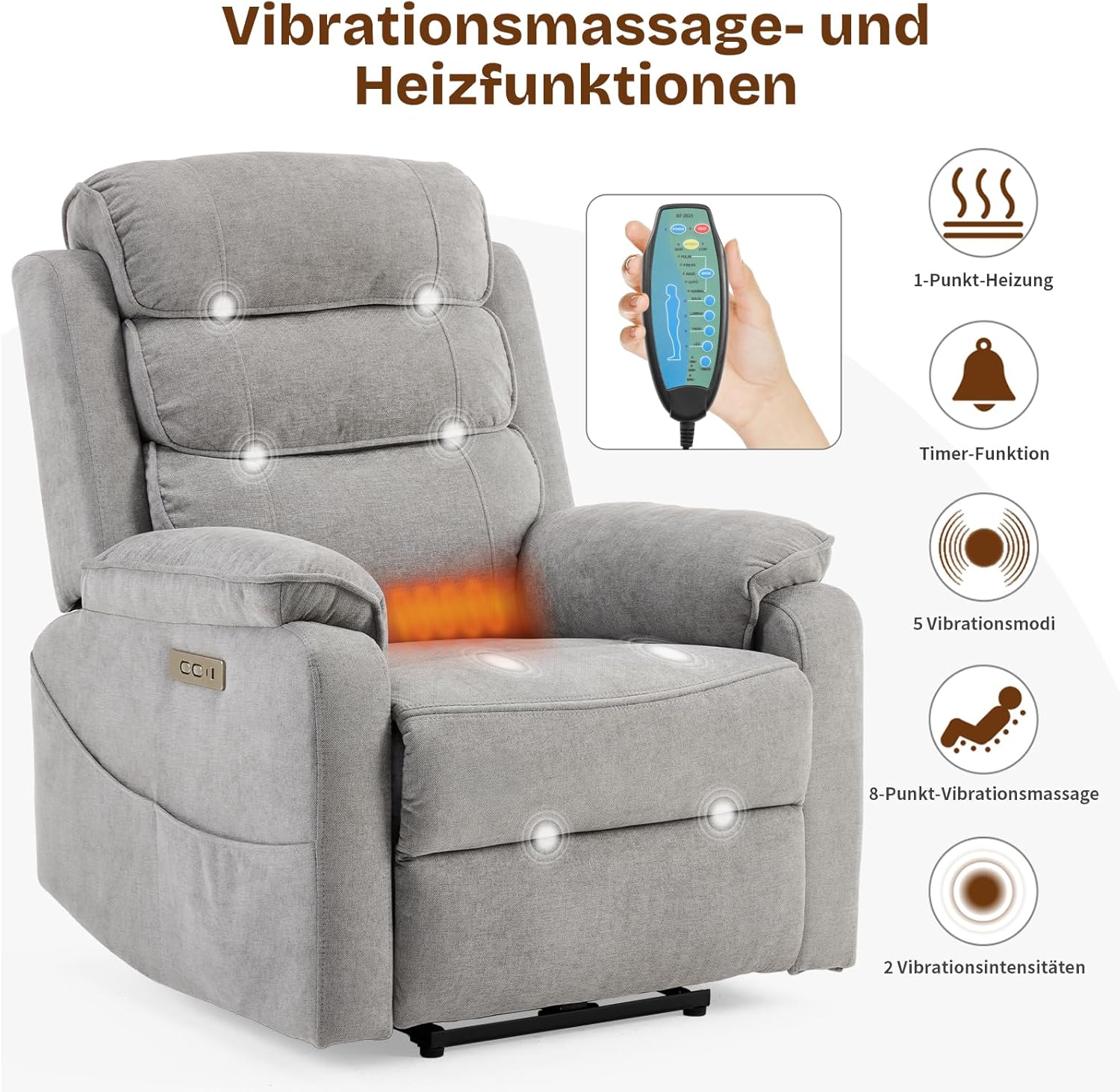 LEADZM Fernsehsessel Relaxsessel mit drahtloser Ladevorrichtung, 1 USB-Anschluss, 1 USB-C-Ladeanschluss, Liegen TV Sessel mit Massage Heizung, Seitentaschen, Getränkehalter (Hellgrau)