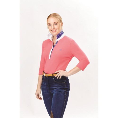 Camisa polo feminina Nora de manga 3/4 para montaria, cor Flamingo