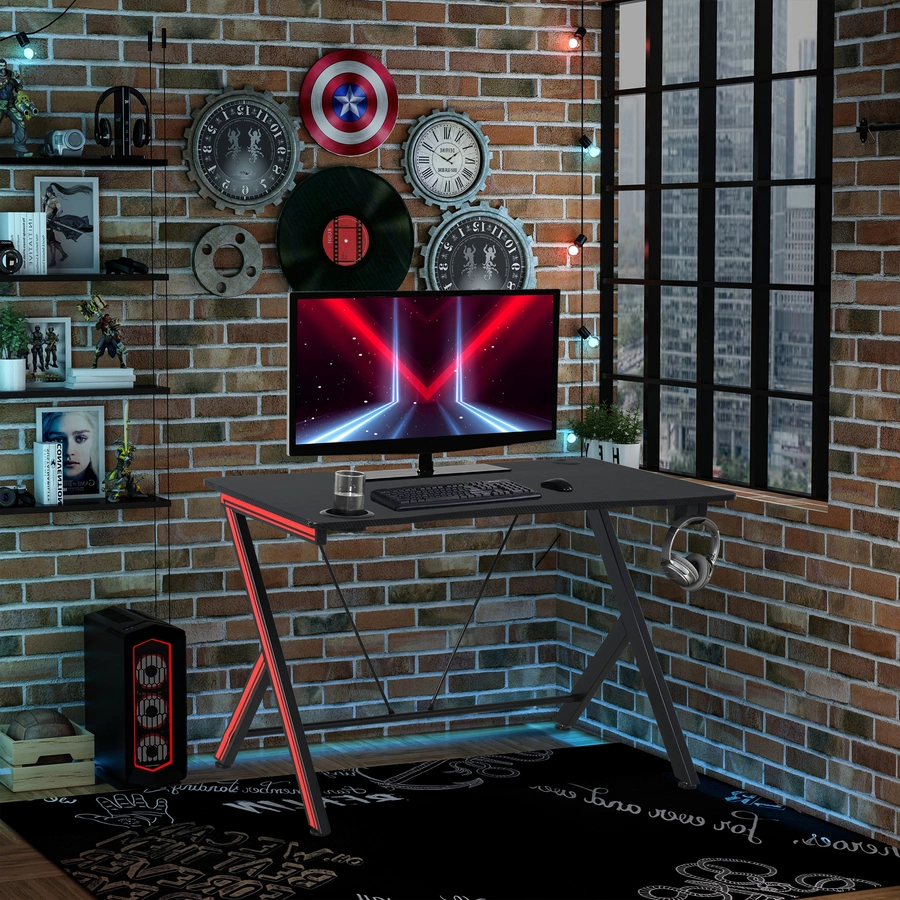 HOMCOM Gamingtisch mit Headset-Haken und Getränkehalter schwarz