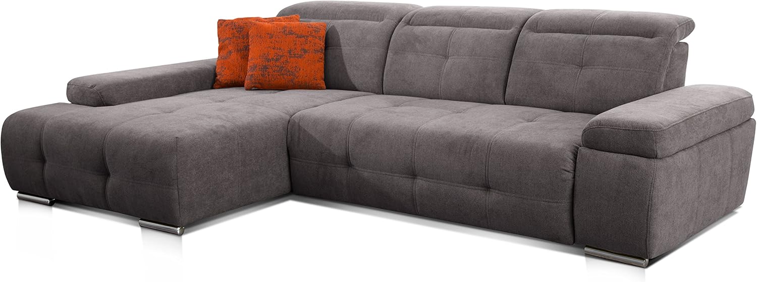 CAVADORE Ecksofa Mistrel mit Longchair XL links / Große Eck-Couch im modernen Design / Inkl. verstellbaren Kopfteilen / Wellenunterfederung / 273 x 77 x 173 / Kati Fango