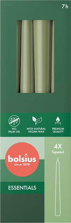Bolsius dinerkaars Essentials groen 7,5 uur D 2,4 H 24,5 cm 4 stuks