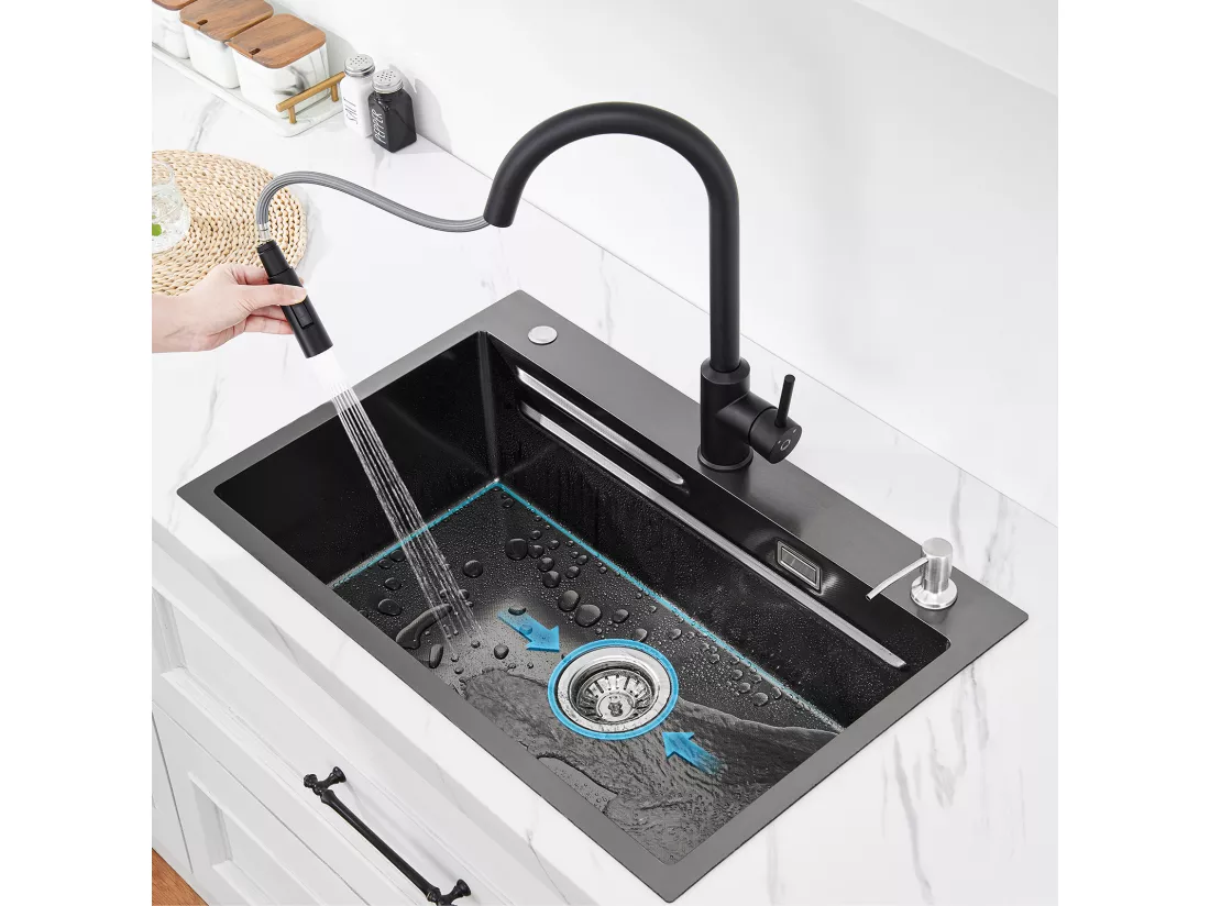 Évier de Cuisine 1 Cuve 70×45×21.5 cm + Egouttoir + Vasque + Distributeur de Savon, CECIPA MAX Noir Évier 1 Bac Évier Inox Grande Capacité