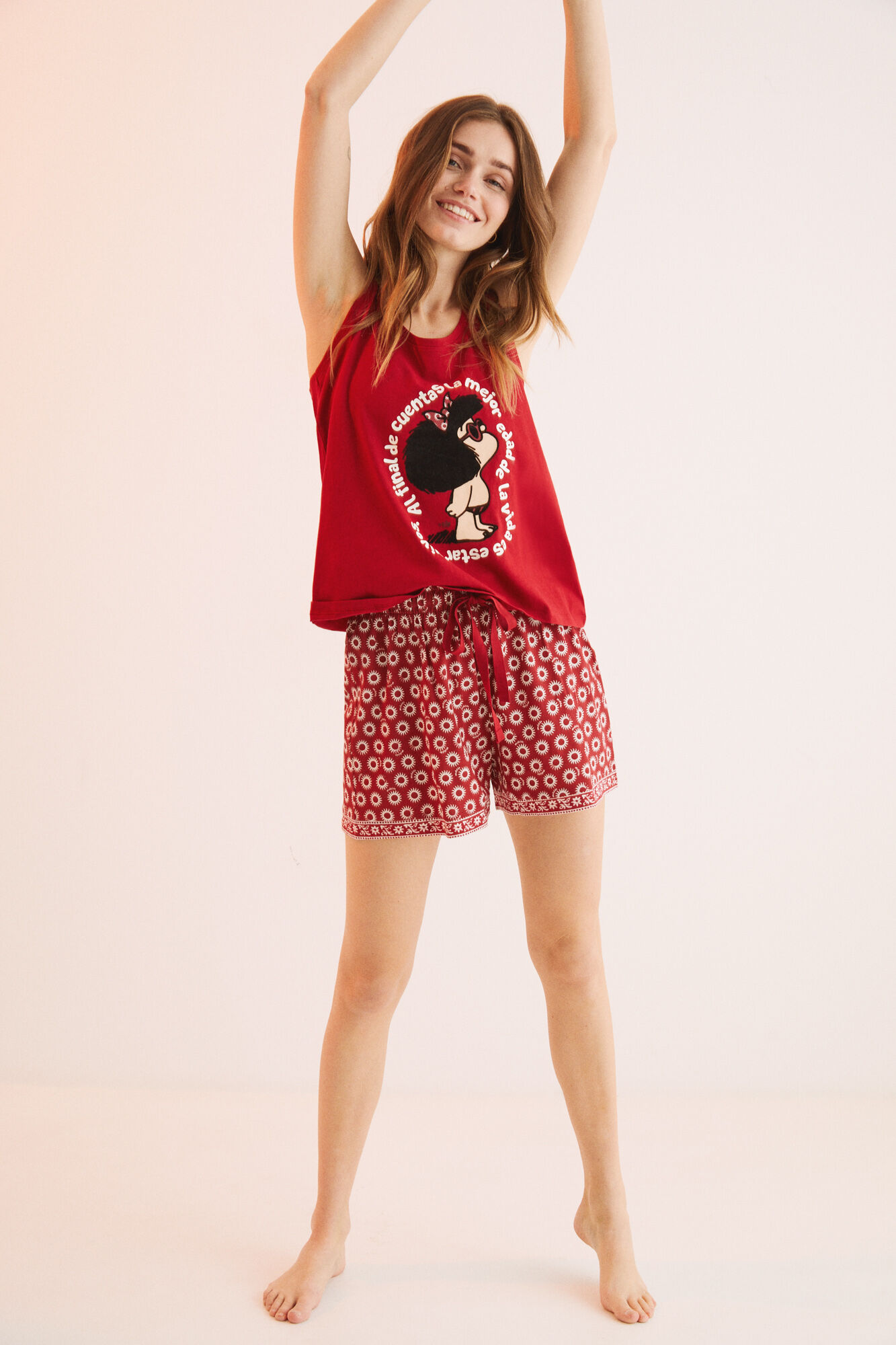 Pijama curto vermelho Mafalda, 100% algodão - vermelho