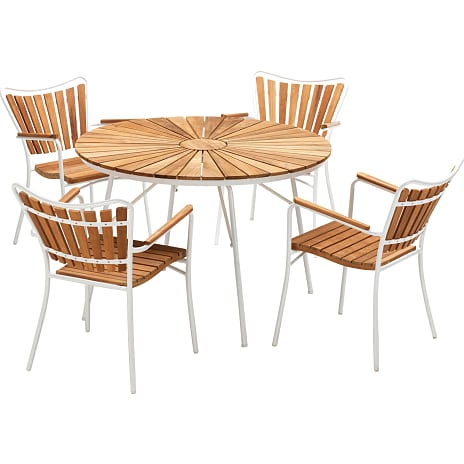 Kerteminde Ø110 teak havemøbelsæt med 4 stole - Teak/hvid