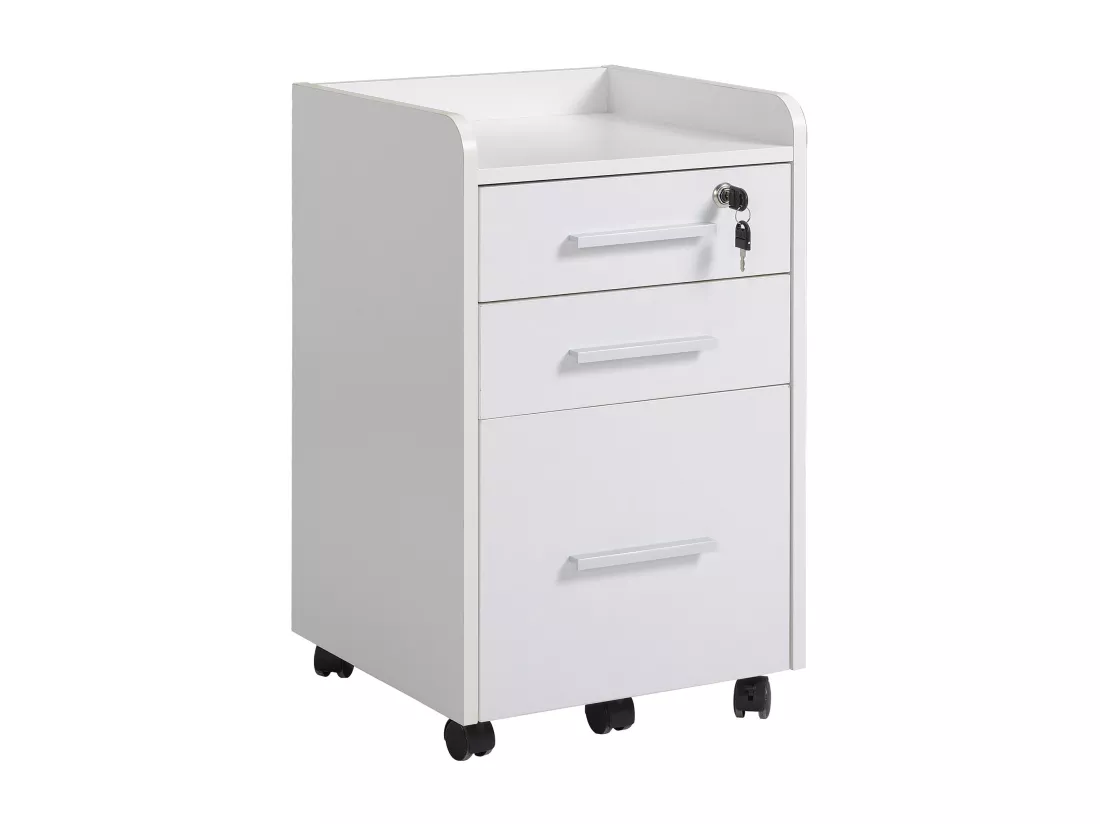 Caisson de bureau rangement bureau sur roulettes 3 tiroirs 1 verrouillable 1 trieur dossiers MDF panneaux blanc