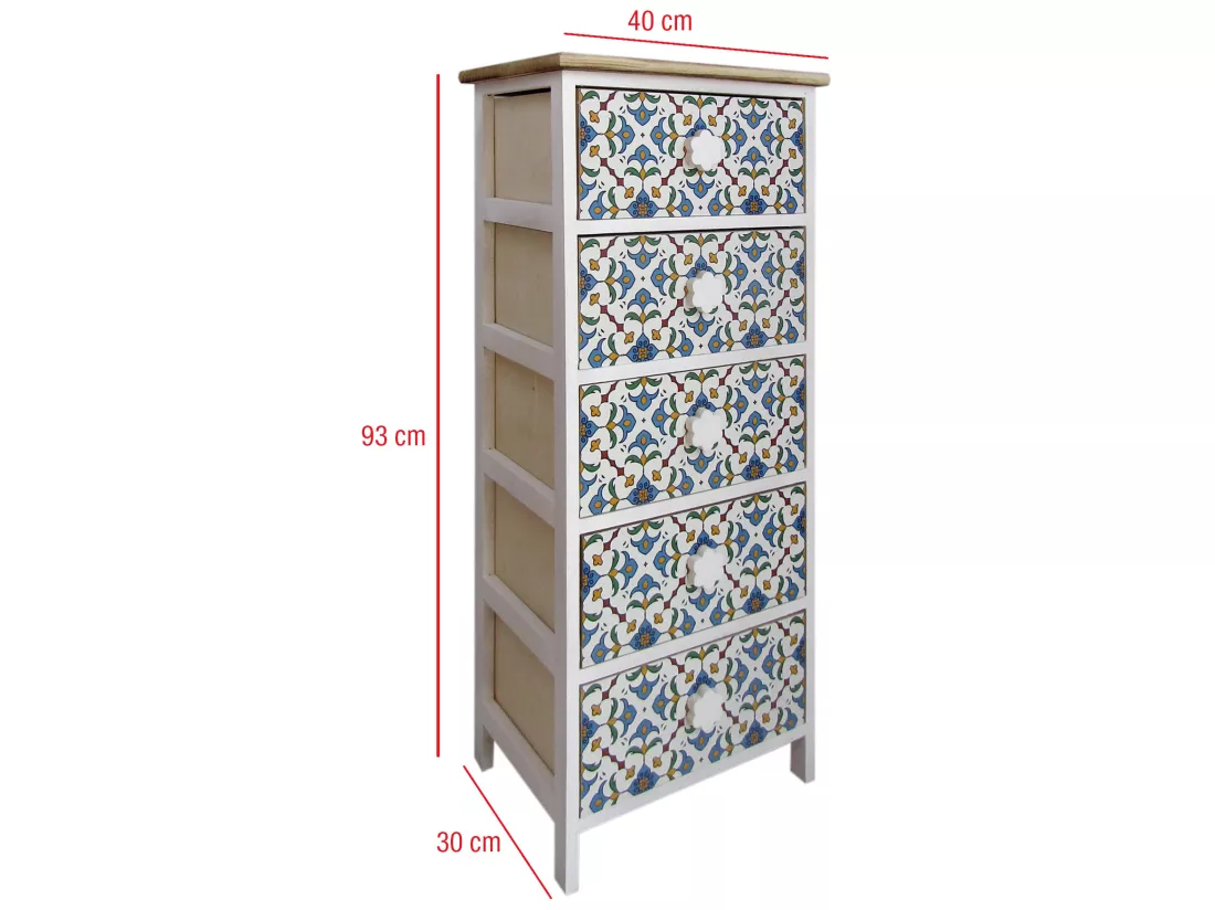 Commode 5 Tiroirs Moderne Bois Clair Blanc Bleu 93x40x30