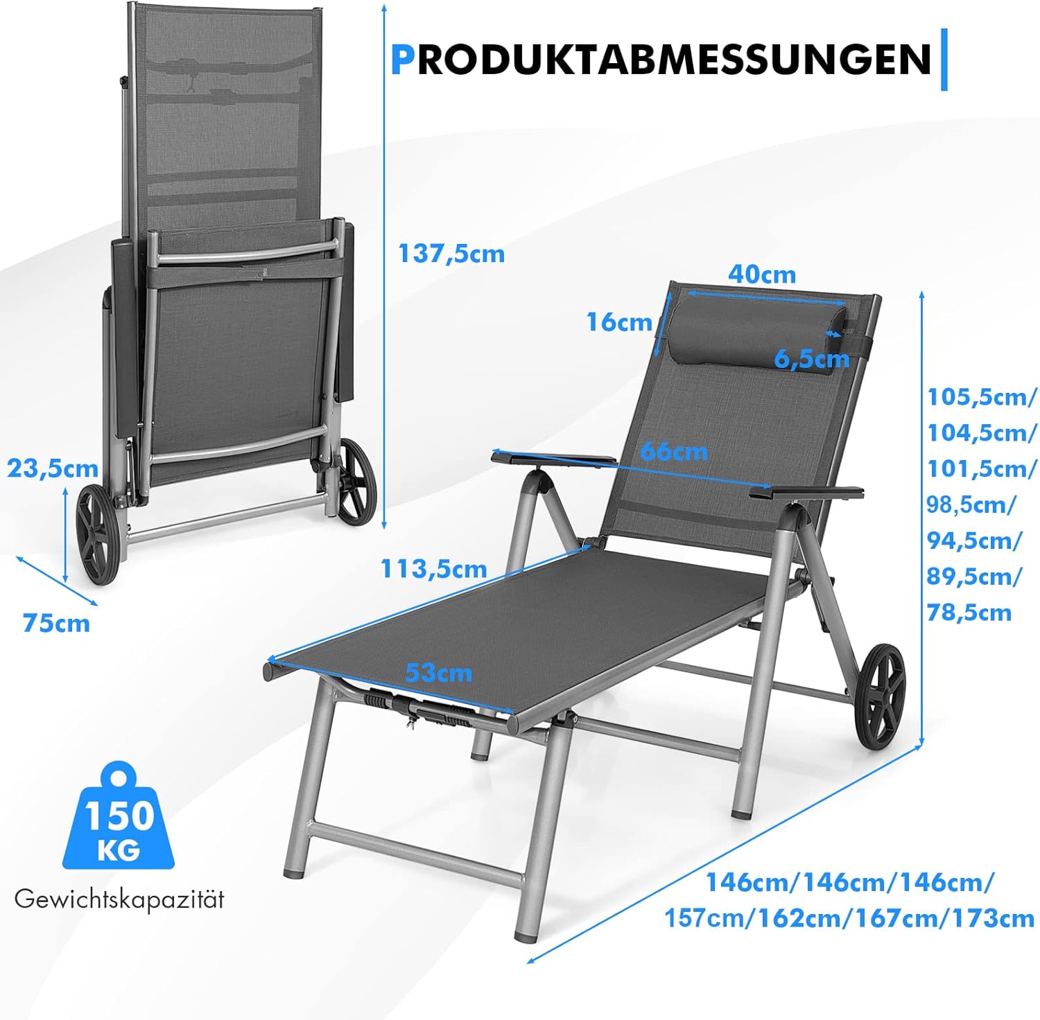 COSTWAY Sonnenliege Aluminium mit Rollen, klappbare Gartenliege mit hoher Sitzhöhe, Verstellbarer Rückenlehne und abnehmbarem Kopfkissen, Liegestuhl, Klappliege für Garten, Balkon, Terrasse