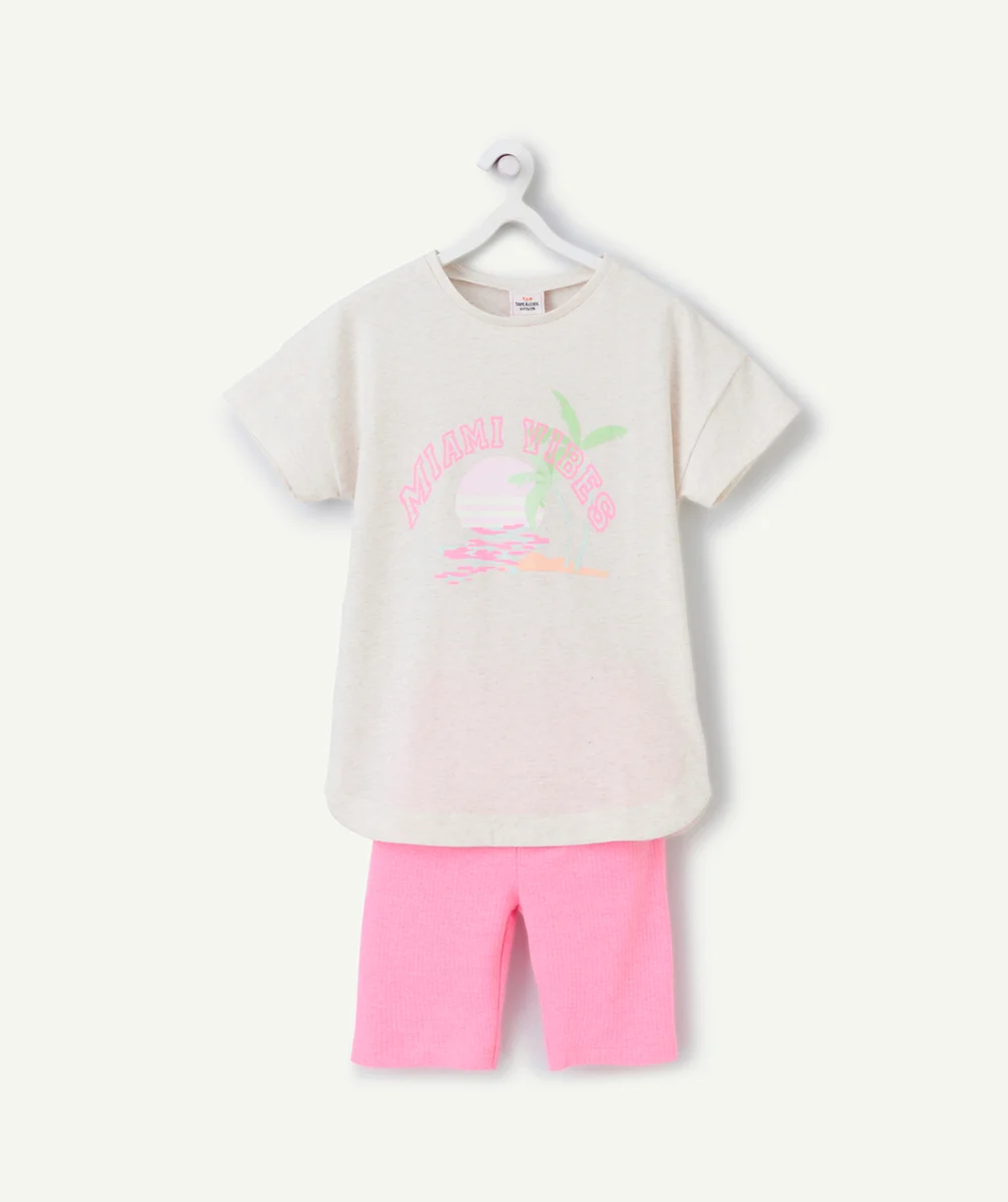 pyjama fille en fibres recyclés rose et gris motif miami