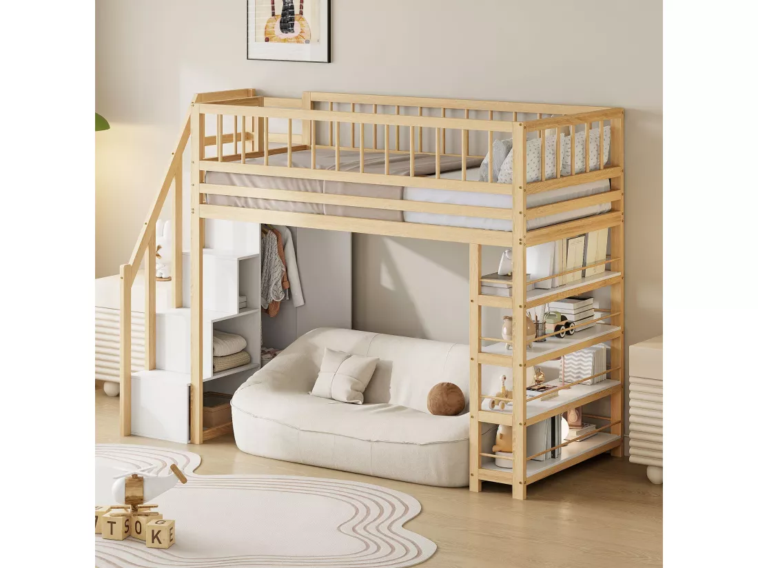 Lit superposé pour enfants 90 x 200, barrières hautes, avec armoire, échelle de sécurité, couleur bois d'origine