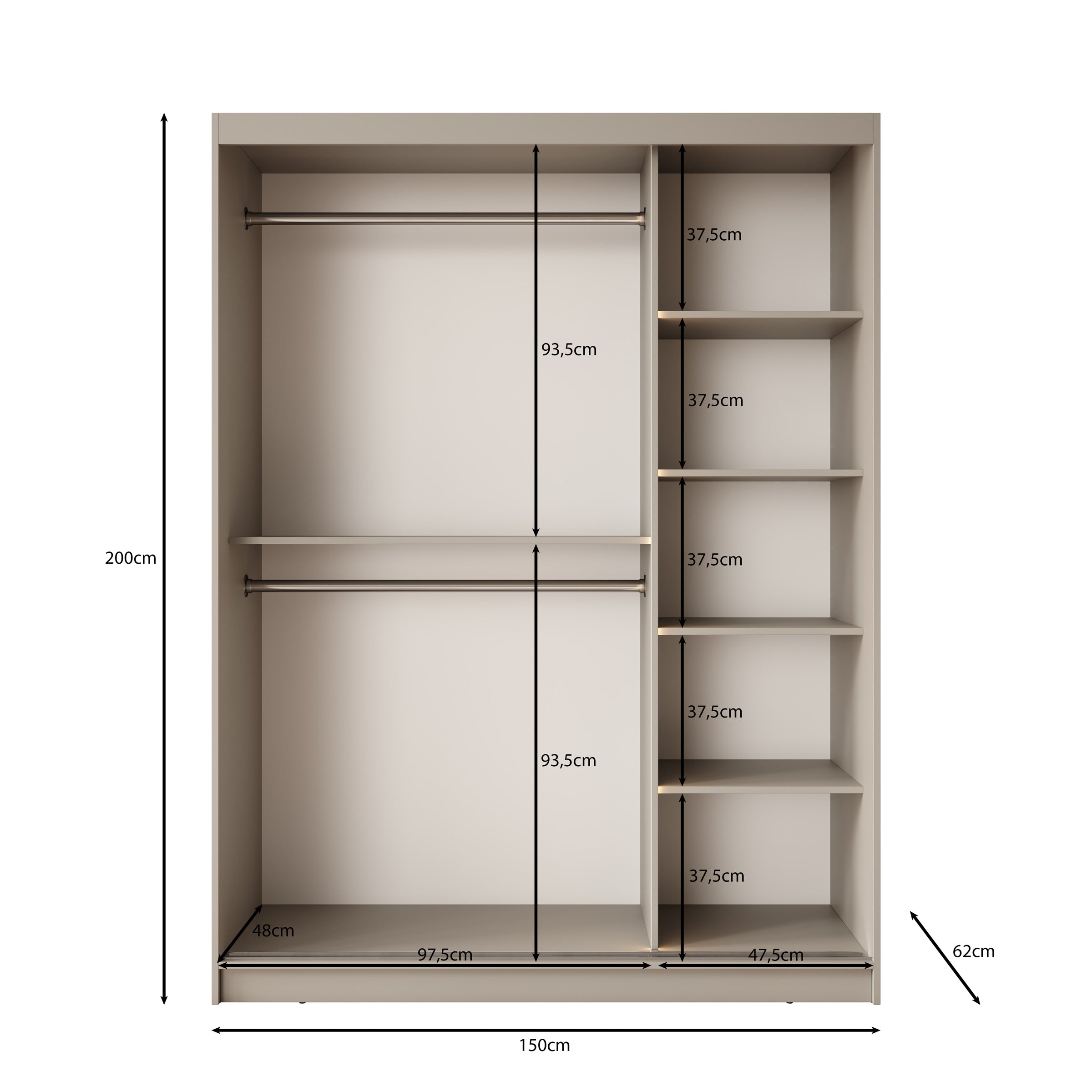 Bunaro - Kledingkast - Zwart - 150x62x200 cm