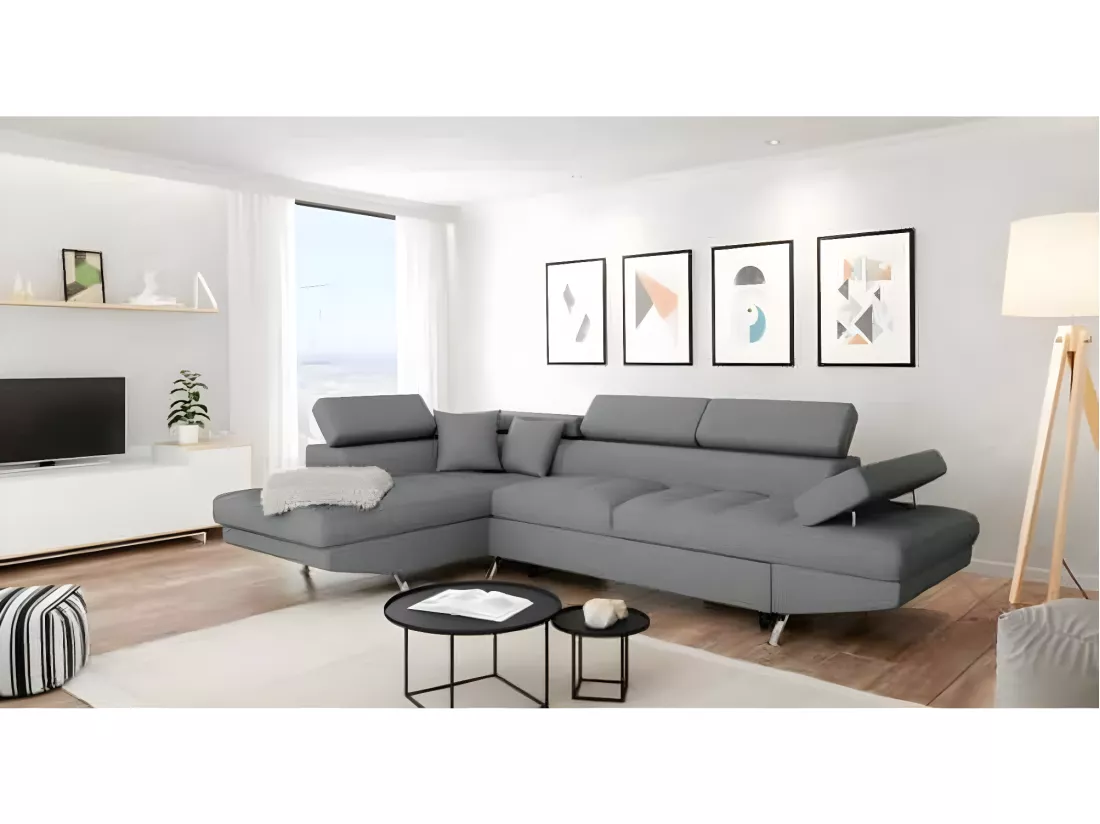 Canapé d'angle gauche 5 places Rio Convertible avec coffre en tissu - Gris clair - L271 x P192 x H70cm - Loungitude