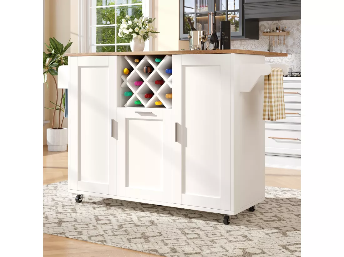 Ilot central de cuisine mobile avec 3 portes et 12 Porte-Bouteilles - Plateau extensible - 183x43(76)x92cm - Bois MDF - Blanc et naturel
