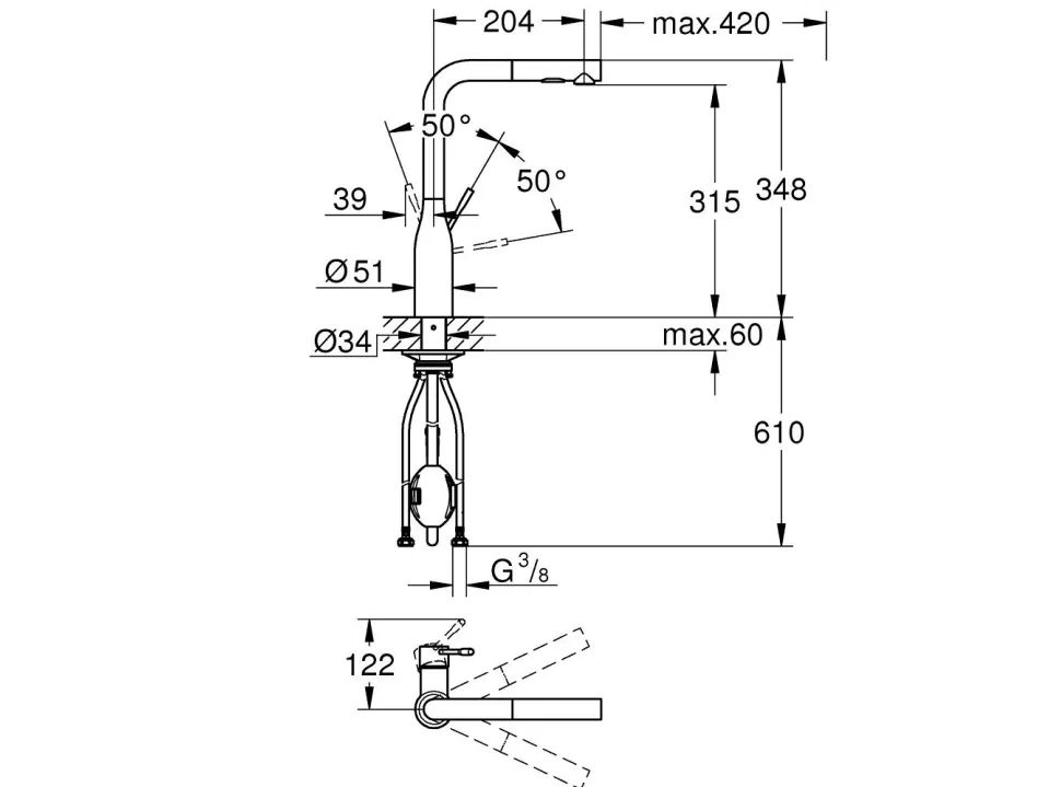 Grohe Essence etgrebsbatteri - 204mm tud t/kv m/udtr.br