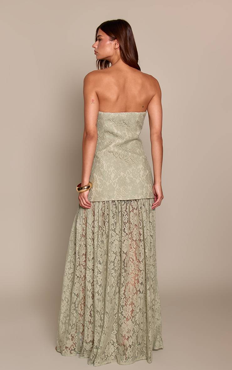 Vert Sauge Robe Midaxi Bustier À Panneau De Jupe En Dentelle Transparente