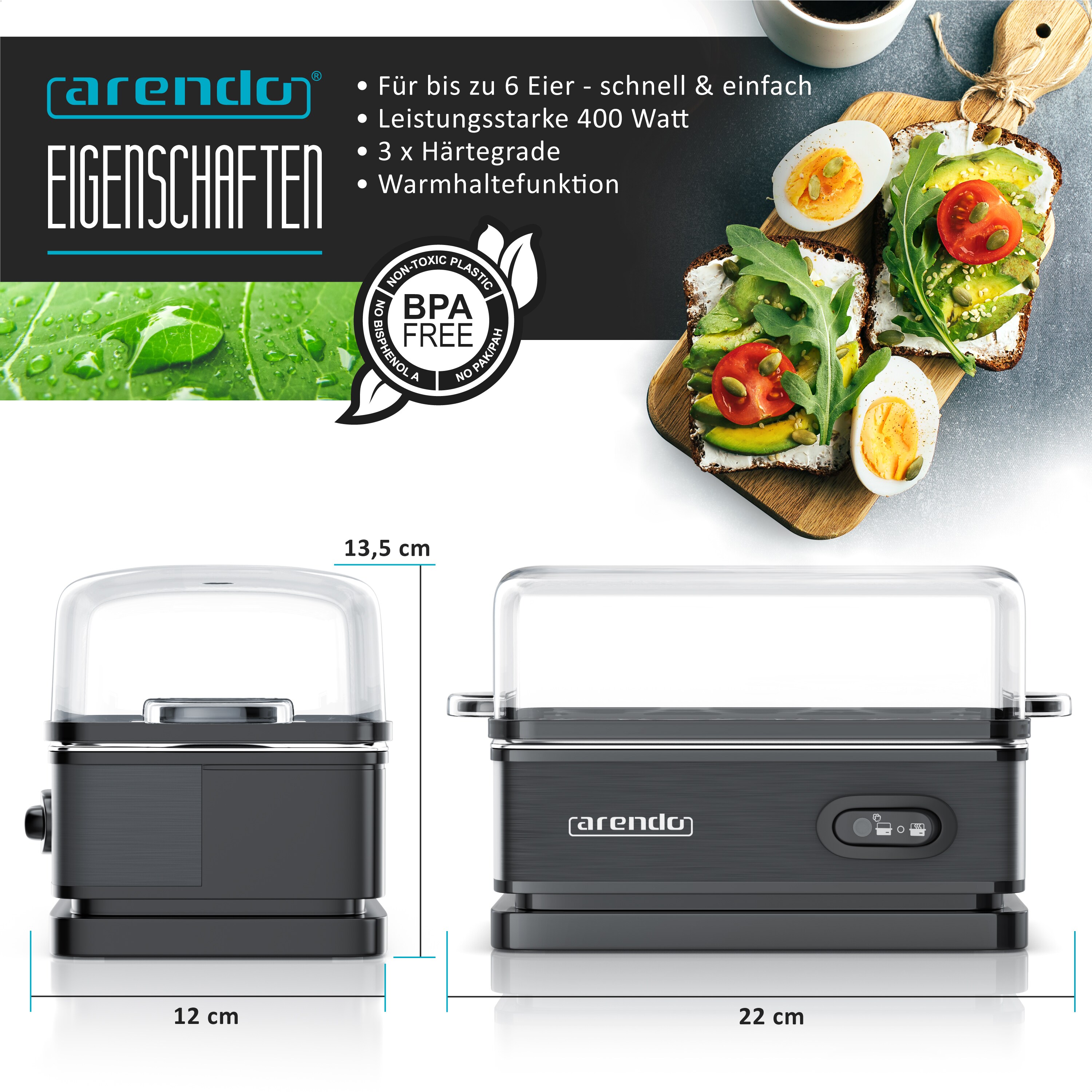 Arendo Eierkocher 6-fach, 400 W, Edelstahl, Warmhaltefunktion, Härtegrad einstellbar, für 6 Eier, schwarz