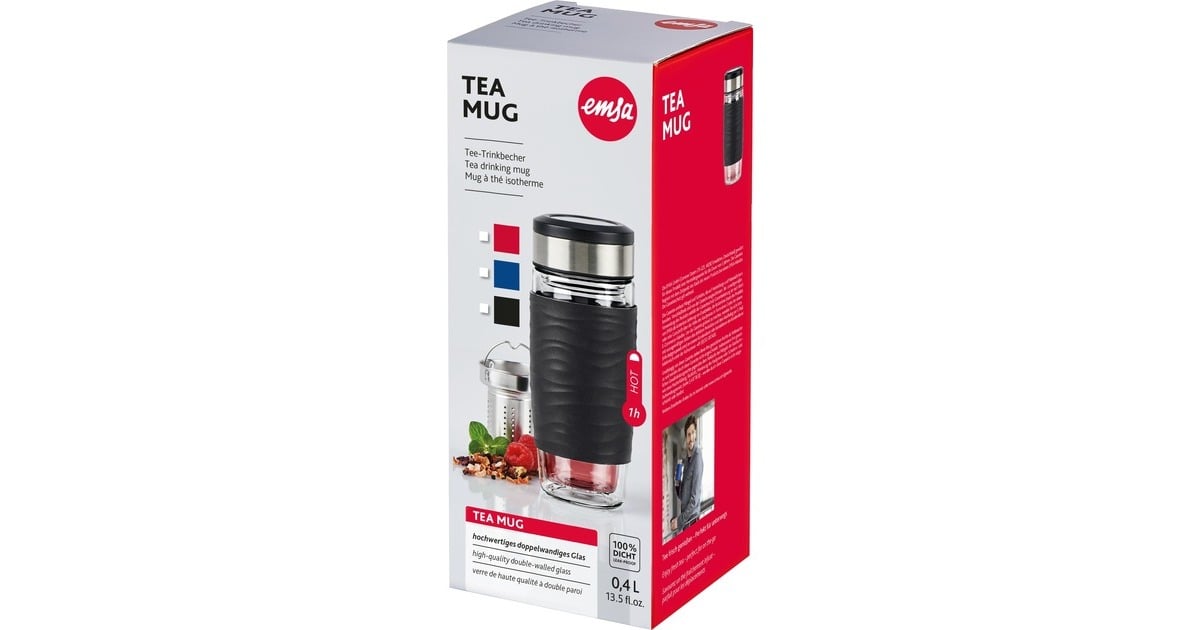 EmsaTea Mug Thermosbeker 0,4 Liter  (Blauw/transparant, Glas, schroefdop)