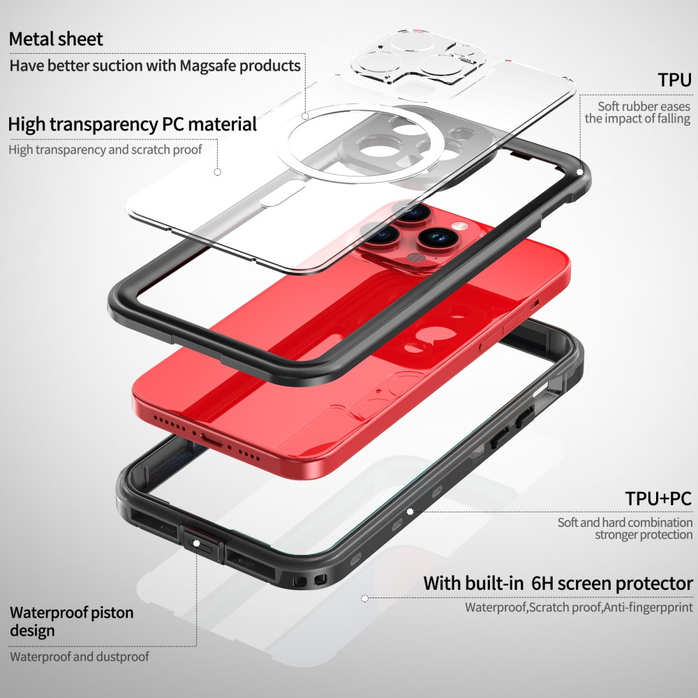 iPhone 15 Pro Max Wasserfeste MagSafe Outdoor Schutz Hülle (IP68) - Schwarz / Transparent