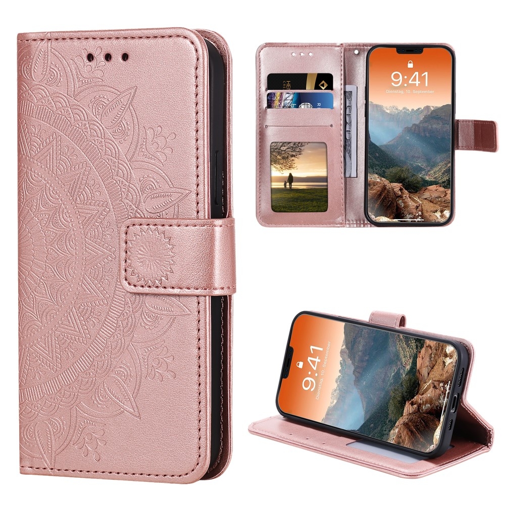 iPhone 12 / iPhone 12 Pro Leder Tasche Wallet - Mandala Flowers Imprint - Roségold