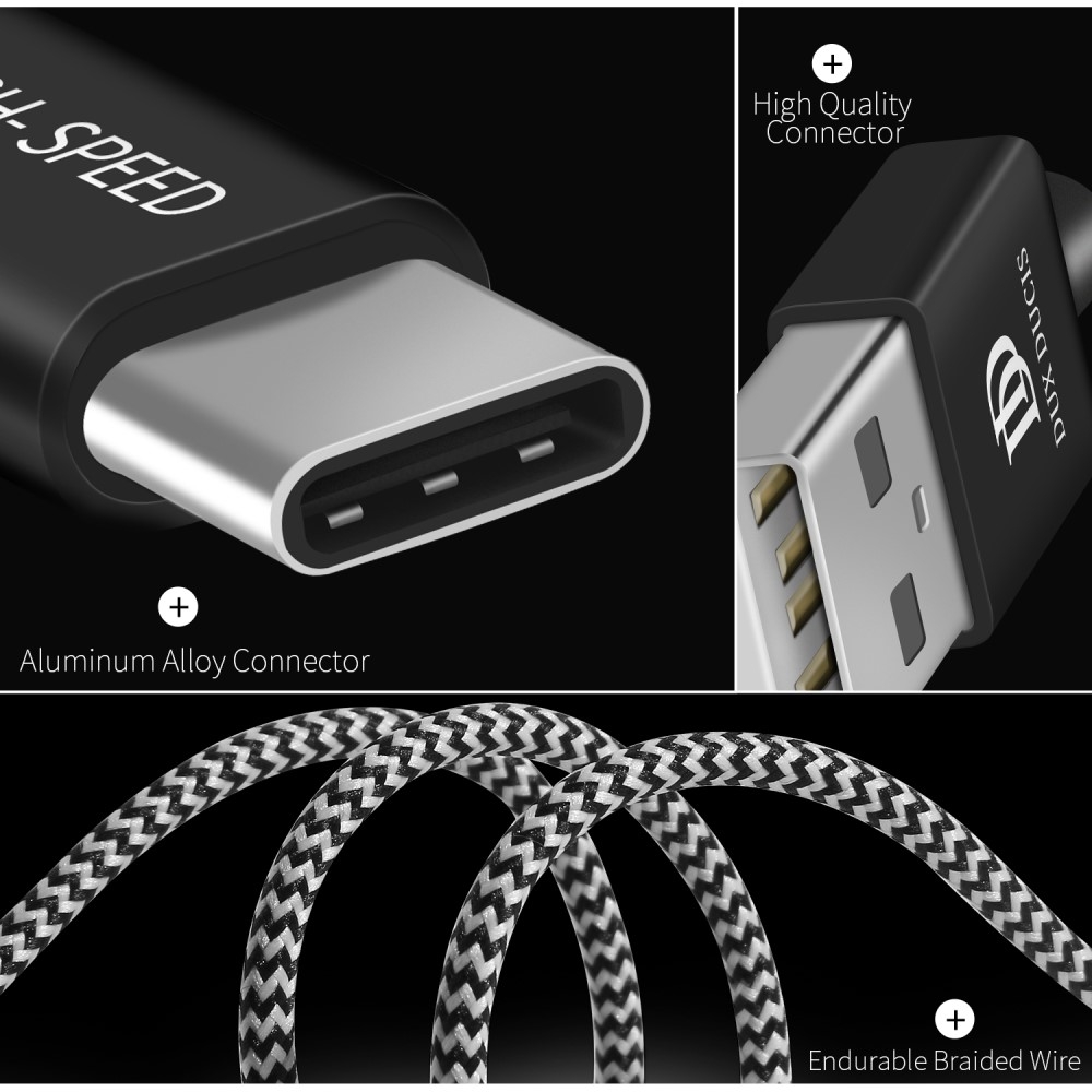 (3m/2.1A) USB A auf USB C Ladekabel Datenkabel Nylon - Schwarz / Weiss