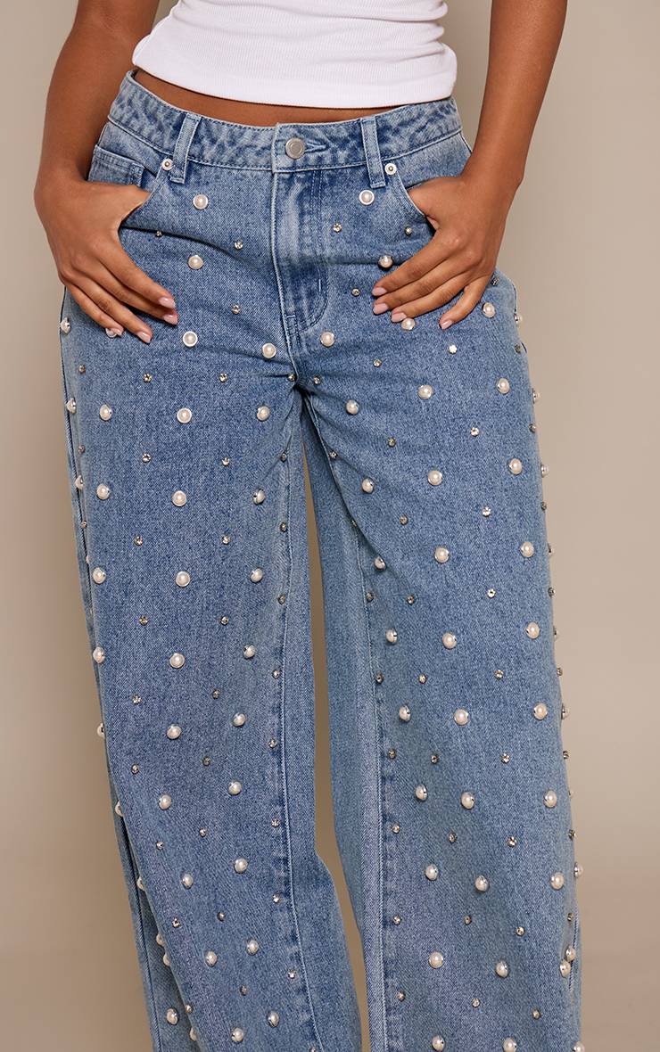 Mid Blue Wash Jean Petite Orné De Perles