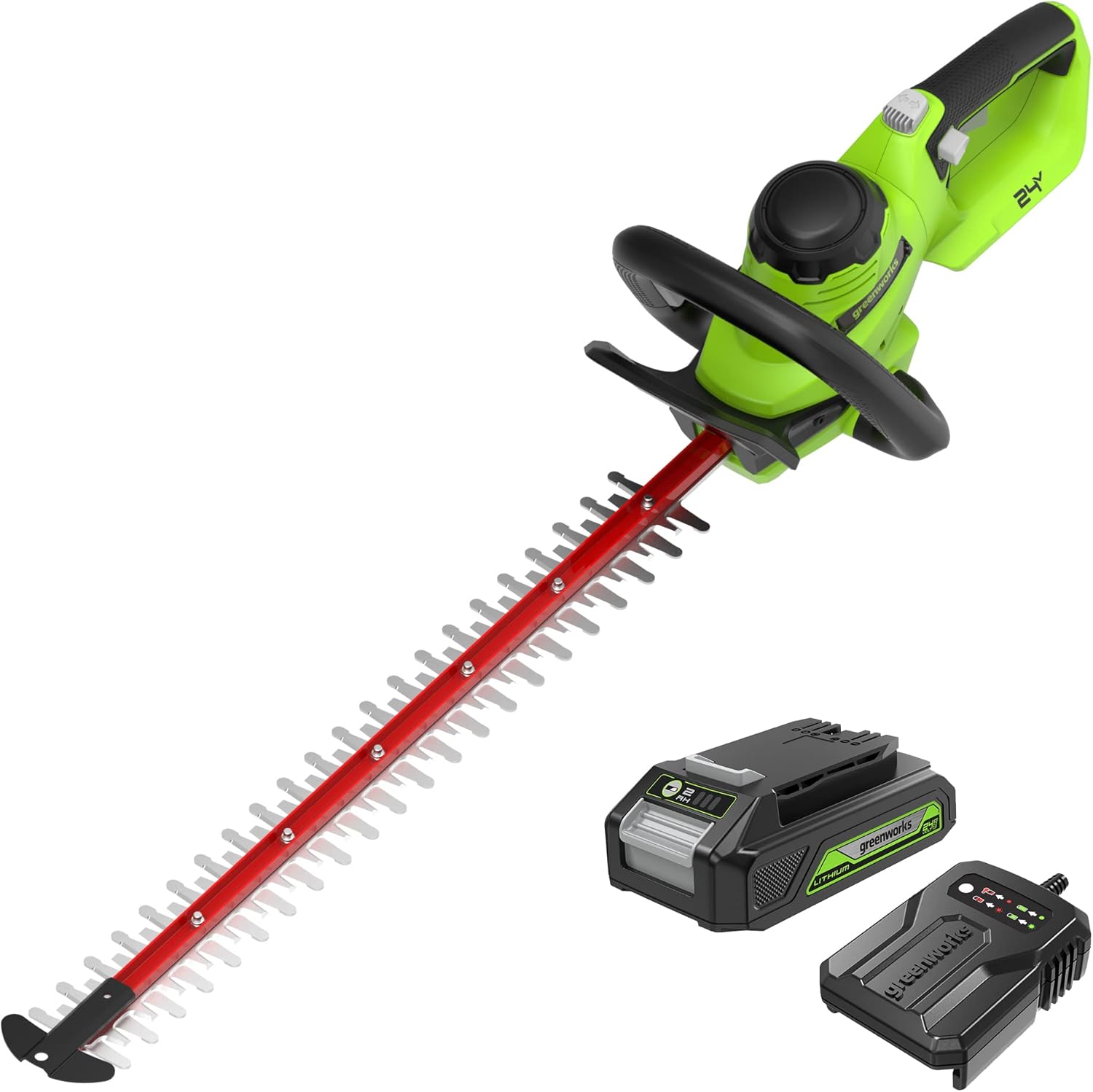 Greenworks Akku-Bürstenlose Heckenschere 24V GD24HT61K2, 61cm Dual Action Klinge, schneidet bis zu 25.4mm dicke Zweige und Stämme 3200 spm mit 2Ah Akku-Ladegerät, 3-Jahres-Garantie