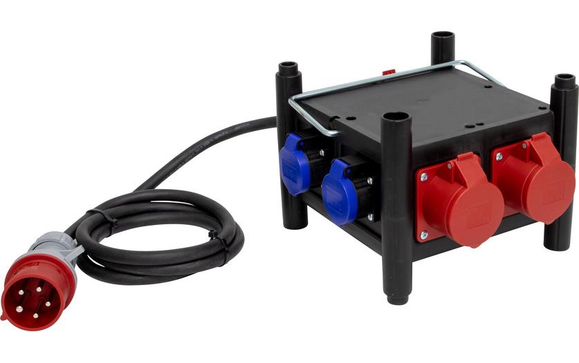 Baustromverteiler BSV 3x CEE/5, 2x T23 / T25 2 m Zuleitung<br>IP44 Stromverteiler BSV 3/16 mit 2 m langem Kabel für ständige Verwendung im Aussenbereich