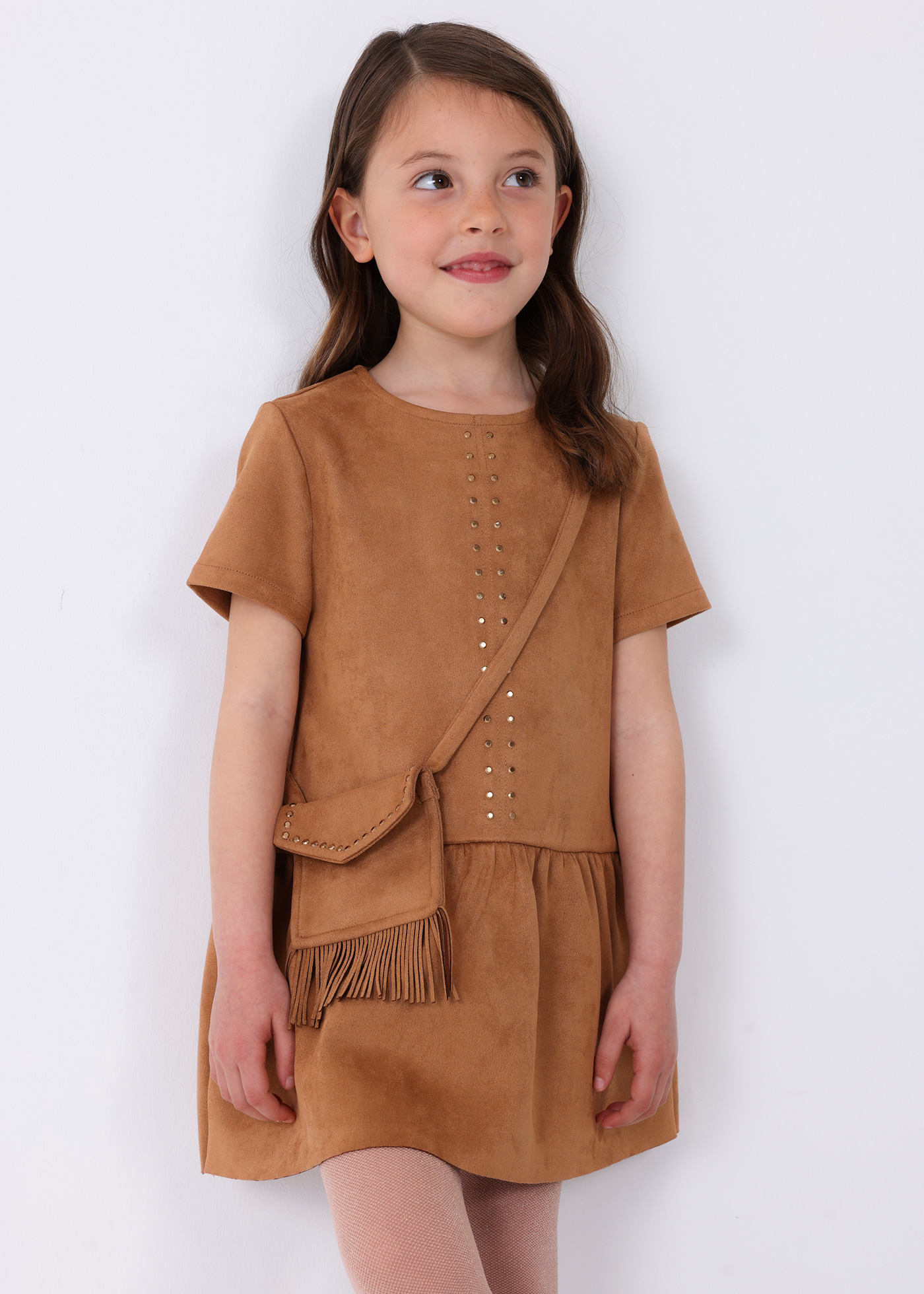 Vestido com bolsa de camurça para meninas