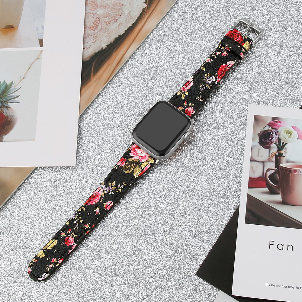 Apple Watch (42/41/40/38 mm) Ersatz Echtleder Armband (Gelenkumfang: 165-220mm) - Pinke Blumen