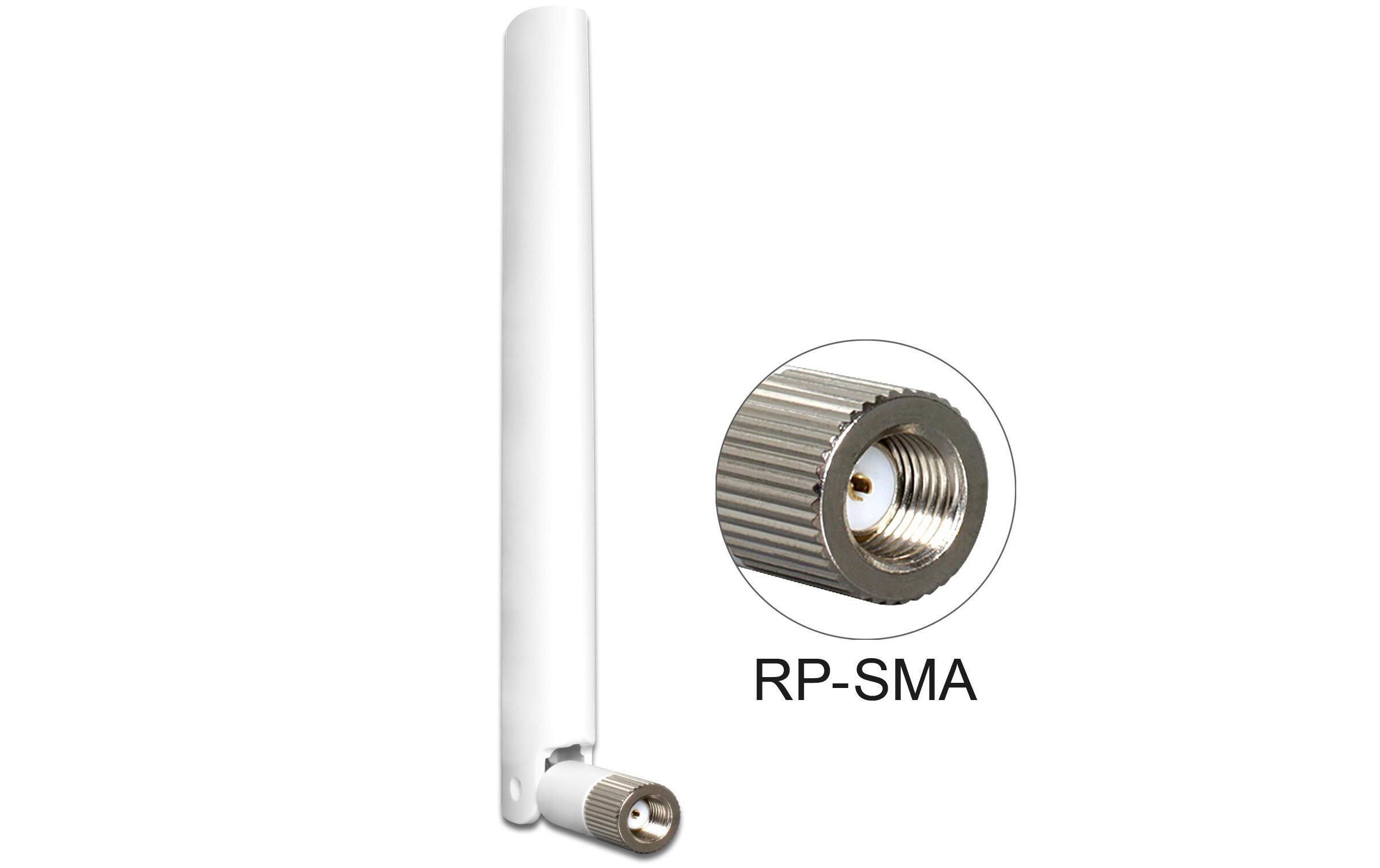 WLAN-Antenne omnidirektional RP-SMA 2 dBi RundstrahlDelock WLAN 802.11 ac/a/b/g/n Antenne RP-SMA Stecker 2 - 5 dBi omnidirektional mit Kippgelenk weiss