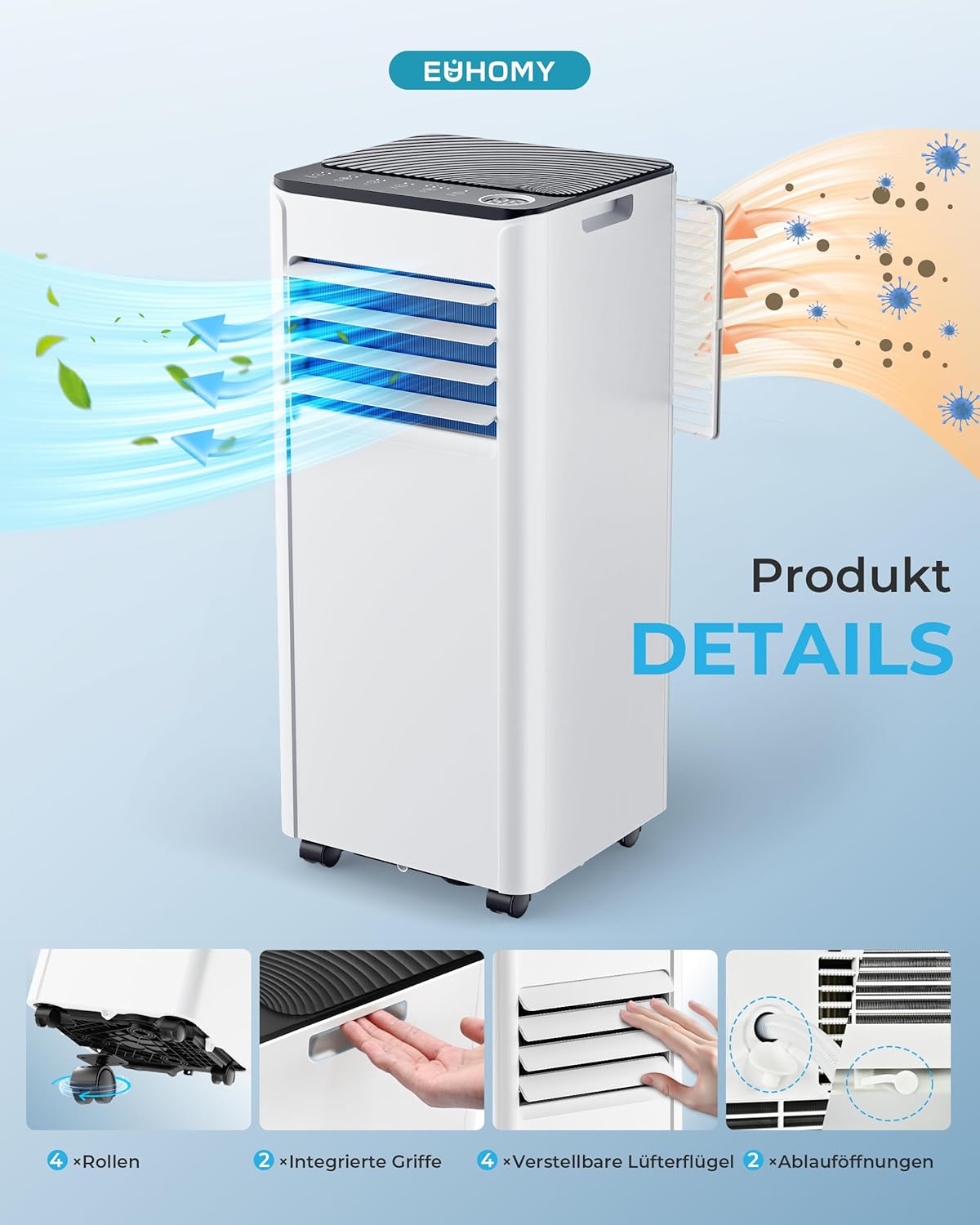 Klimaanlage Mobil - Klimagerät mit Abluftschlauch 7000 BTU | 4-in-1 Mobiles Klimagerät | Leiser Betrieb | Digitaldisplay + Fernbedienung | Fenster-Installationsset | 24h-Timer | Für Räume bis 20 m²