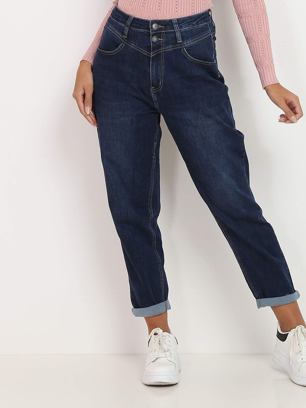 Mom jeans à double boutonnage- Bleu