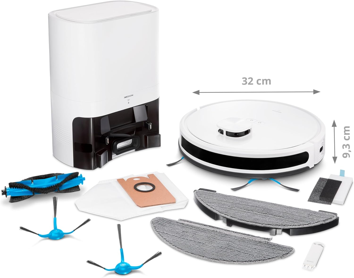 MEDION Saugroboter mit Absaugstation und Wischfunktion X20 SW+ (Lasernavigation, Starke 3000Pa Saugkraft, 2in1 Roboterstaubsauger, präzise Kartenerstellung, Go & No Go Bereiche, mehrere Etagen)