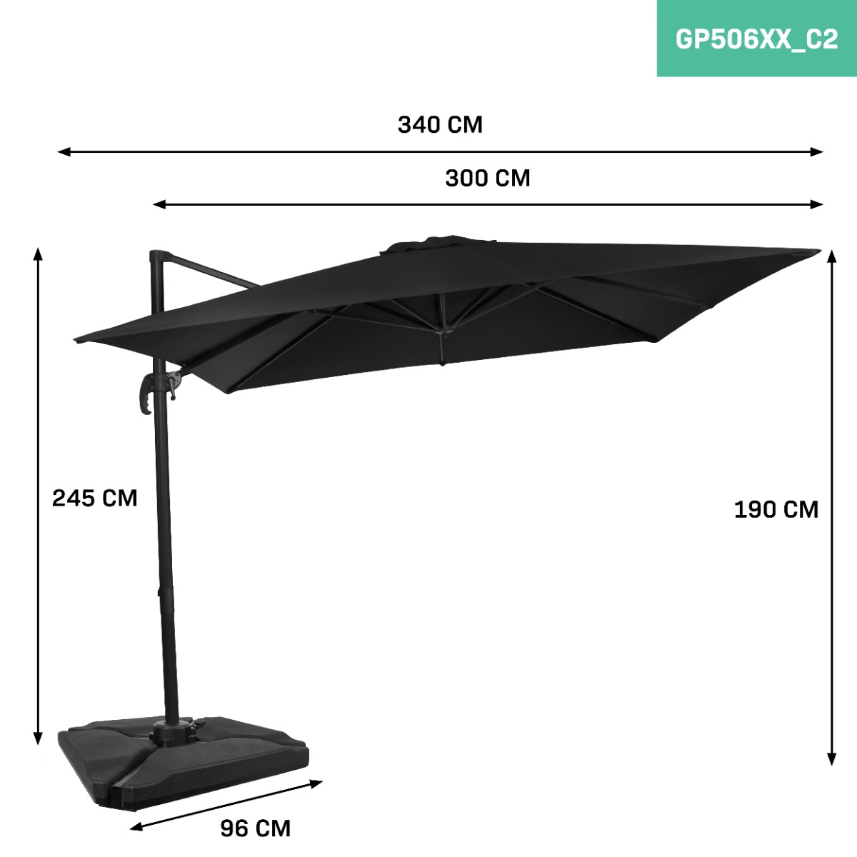 Vonroc Premium Pisogne 300 zweefparasol met 4 tegels - Black