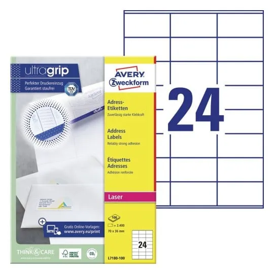 Etiketter Avery 70x36 mm hvid med Ultragrip - (100 ark x 24 stk.)