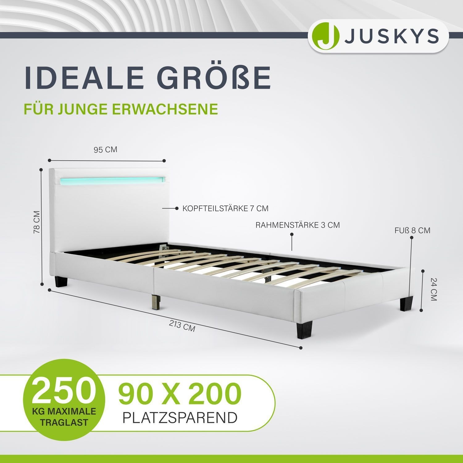 Juskys Polsterbett Verona 90x200 cm weiß mit Matratze – Einzelbett + LED-Beleuchtung & Lattenrost