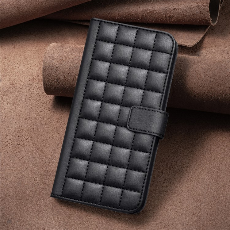 iPhone 16e Leder Tasche Flip Cover Kartenfächer Gittermuster   Handschlaufe - Schwarz