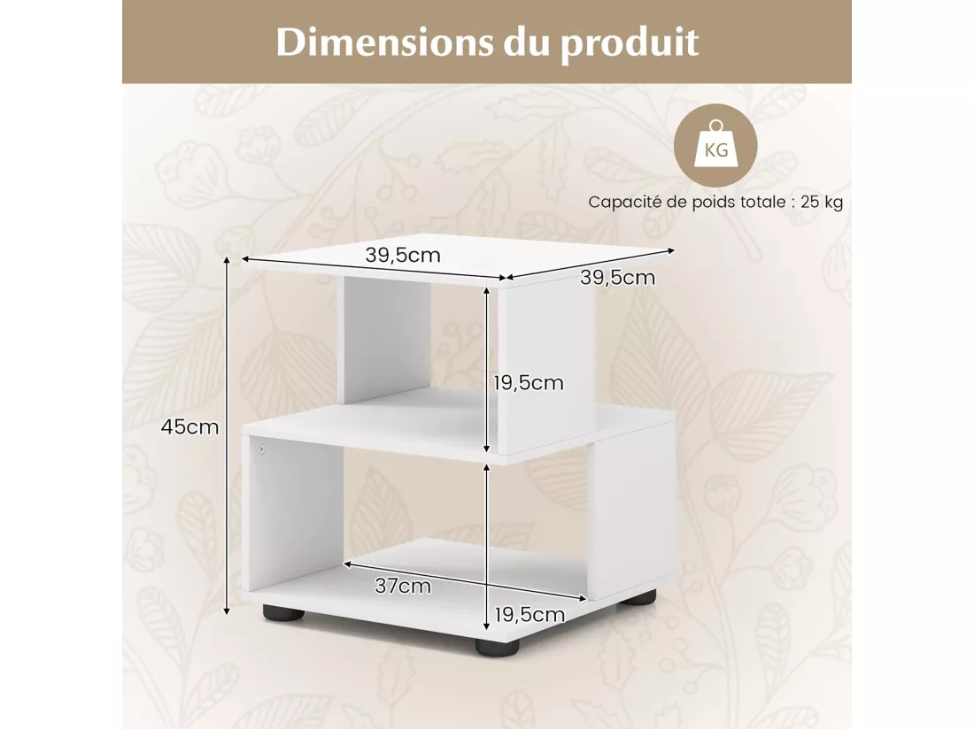 Table d'appoint 3 étagères,avec 4 coussinet antidérapants, 39,5 x 39,5 x 45 cm