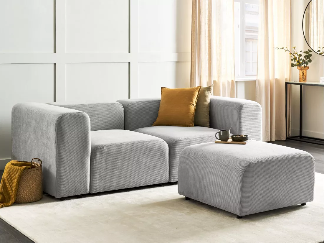 Canapé 2 places modulable avec ottoman en velours côtelé gris FALSTERBO