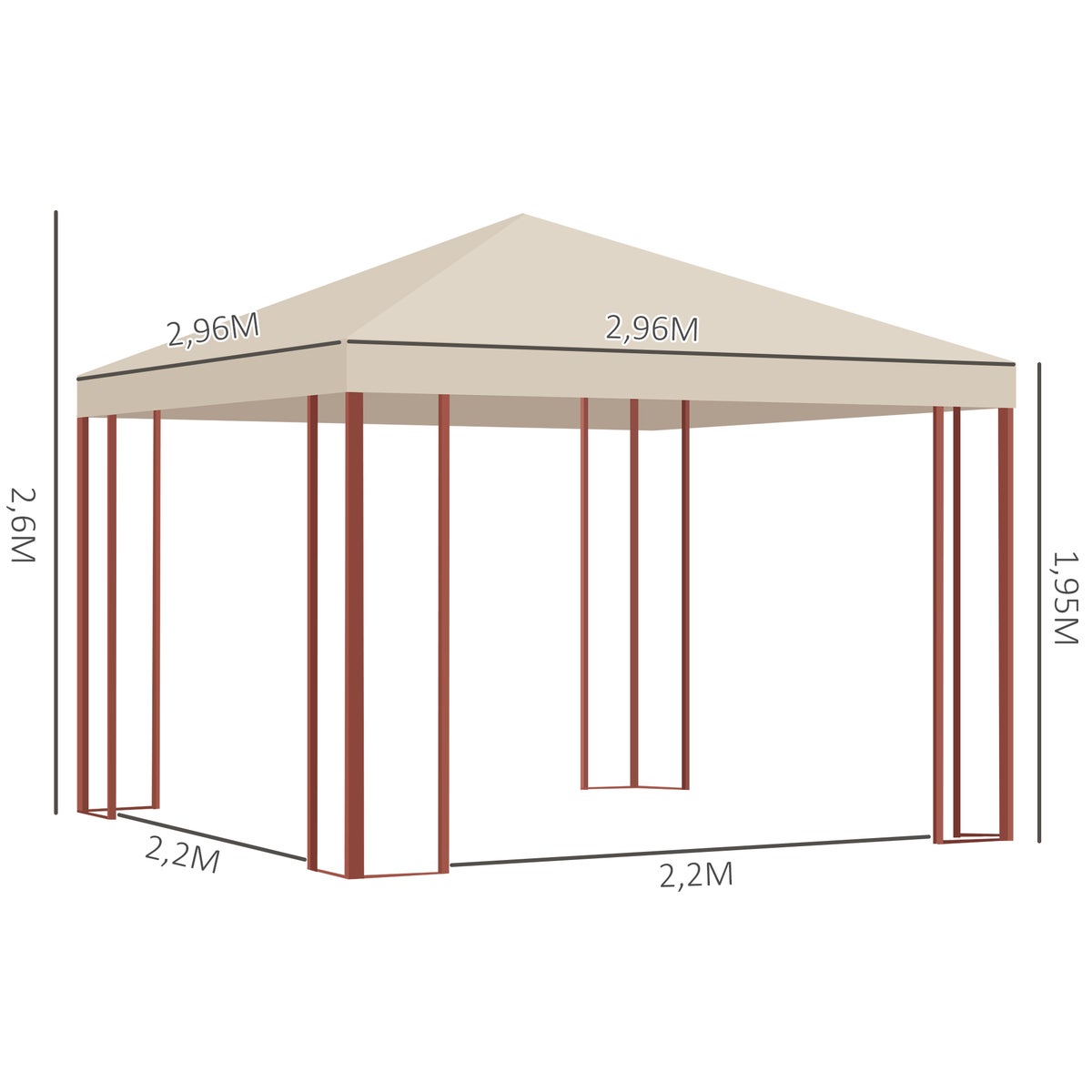 Outsunny Pavilion 2,96 x 2,96 m, Tuinpaviljoen, Tuintent, 296L x 296B x 260H cm, Staal, Polyester, Beige
