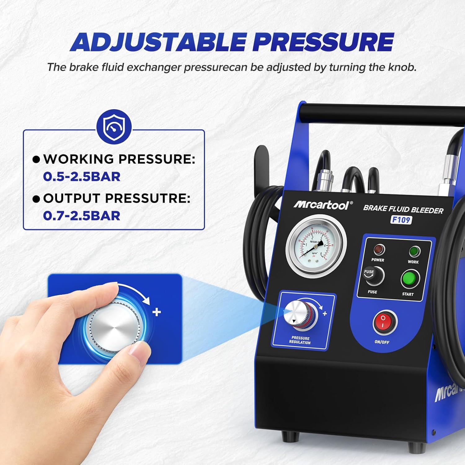 MRCARTOOL F109 KFZ Bremsenentlüftungsgerät 220V Auto Pulsierendes Automatisch Bremsenentlüftungsset Bremsflüssigkeitswechselgerät mit 1 Hauptbremszylinderadapter, 0.5~2.5Bar Einstellbarer Druck