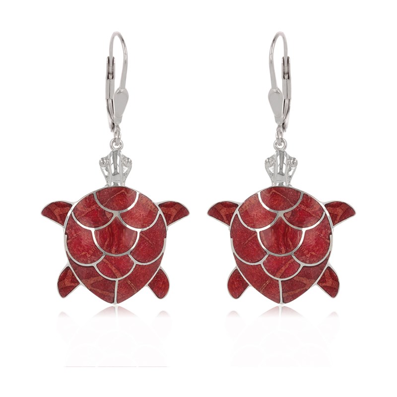 Boucles d'oreille ADEN Tortue Corail Rouge Sertie Argent 925 Rhodié