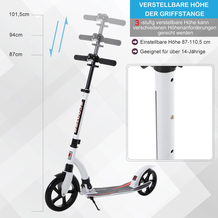 HOMCOM Tretroller mit Stoßdämpfung und höhenverstellbar weiß