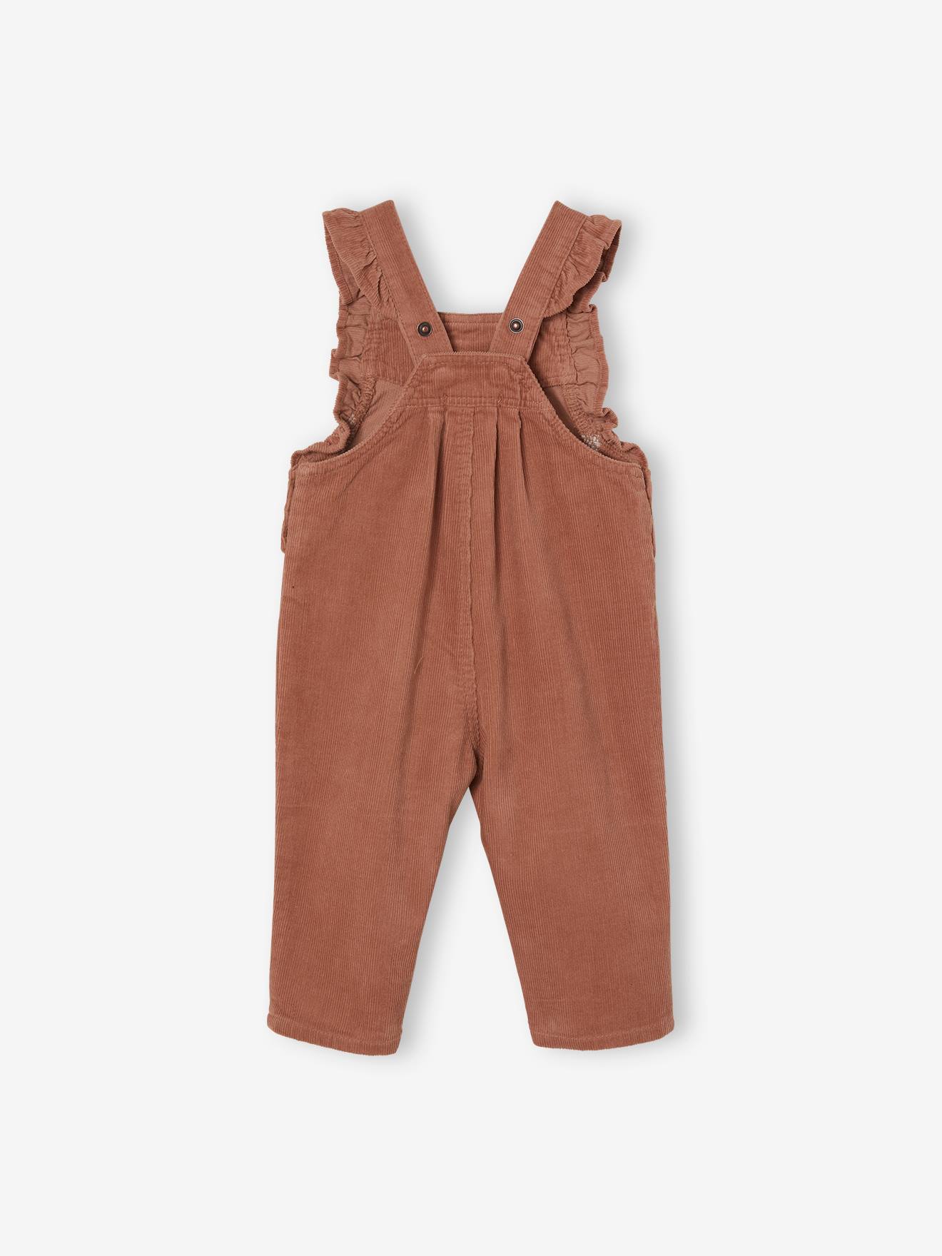 Jardineira de veludo cotelê com babados, para meninas, bege médio, lisa