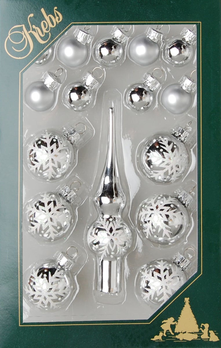 Zilveren mini glazen decoratieset, 2cm en 3cm ballen, 12cm spike, handbeschilderd, 16 stuks, kerstballen, kerstversieringen, kersthangers