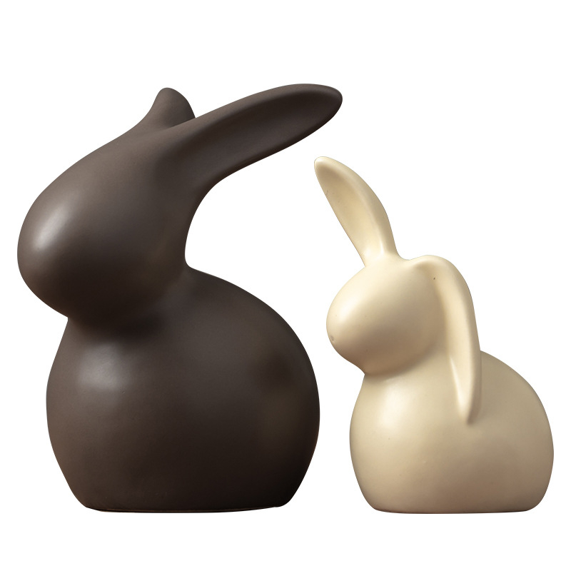 (2er Set) Keramik Oster Deko Hasen Home Accessoire Häschen Statue - Braun / Creme
