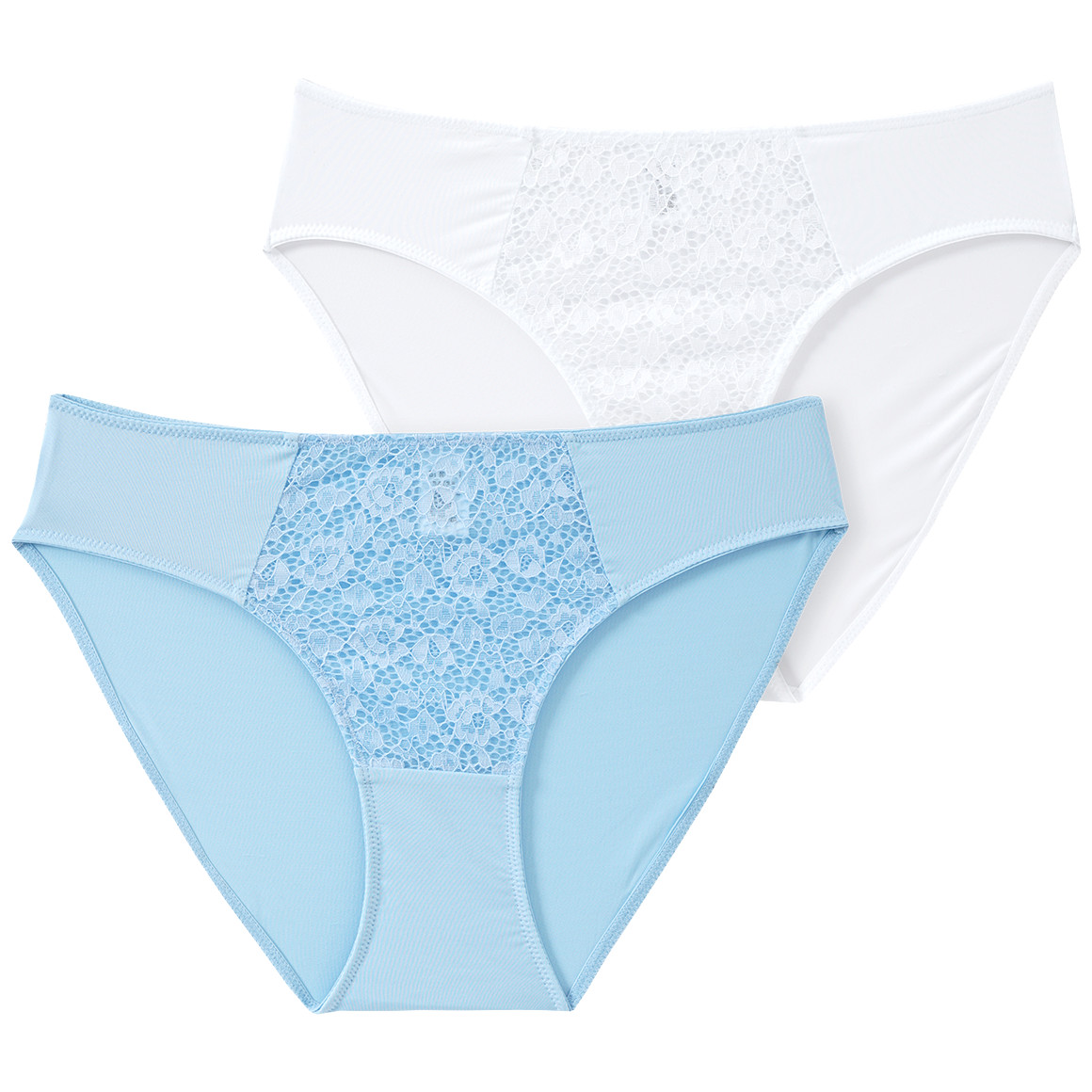 Gina Benotti 2 Damen Slips mit floraler Spitze hellblau / weiss