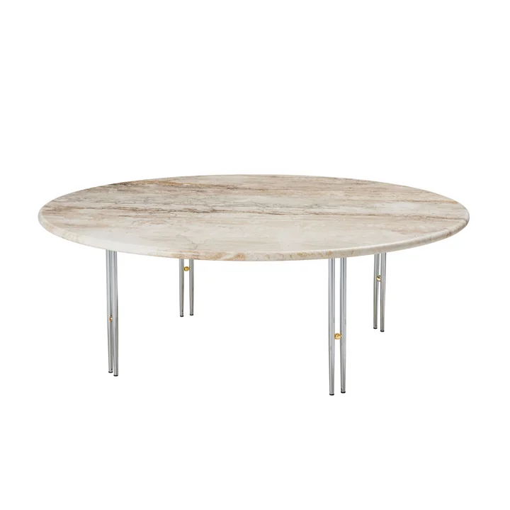 Gubi - IOI Coffee Table, Ø 100 cm, Chrom / Travertin rippled beige