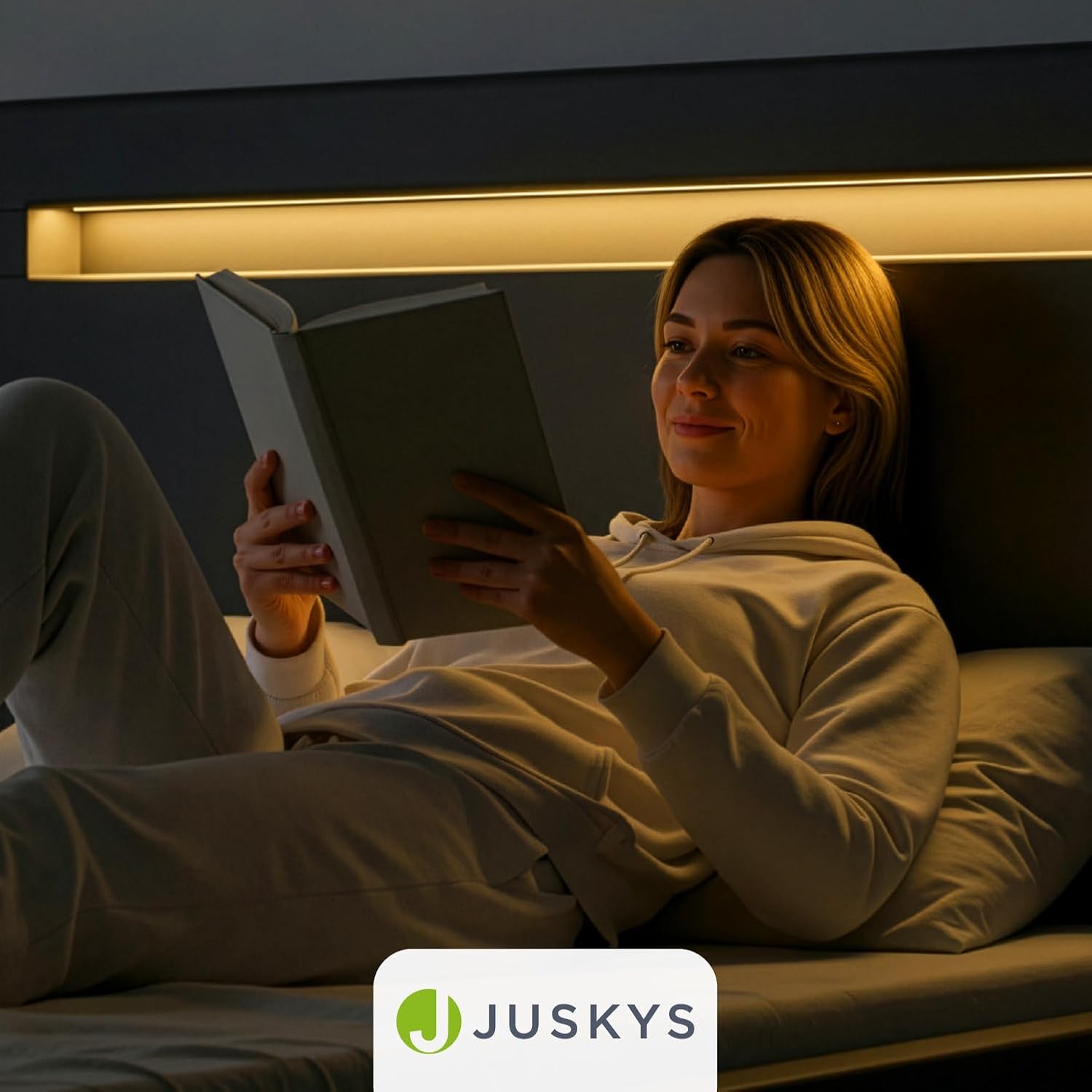 Juskys Polsterbett 120x200 cm – Bett Paris mit LED Beleuchtung, Lattenrost & Kopfteil, modernes Doppelbett aus Kunstleder & Holz – Grau