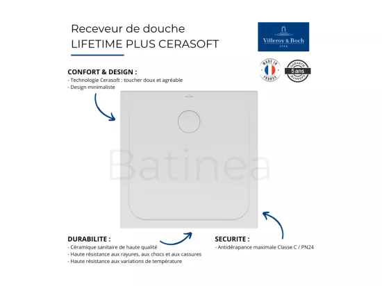 Receveur de douche antidérapant 90 x 90 VILLEROY ET BOCH Lifetime Plus Cerasoft céramique blanc